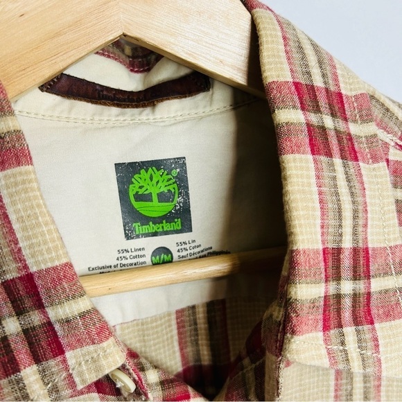 Timberland Linen Blend Plaid Lightweight Button Up Medium - Picture 3 of 6